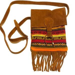 Malky Leather Wool Fringe Small Crossbody Striped Festival Purse Bag